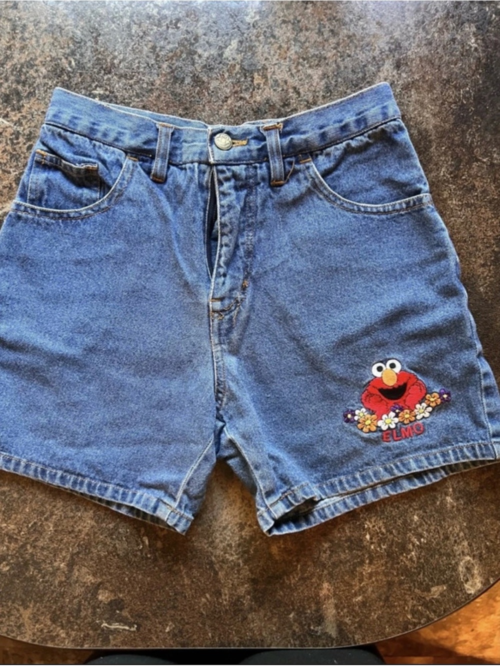 Vintage Sesame Street Elmo Embroidered Denim Shorts Size 14 90s Y2K